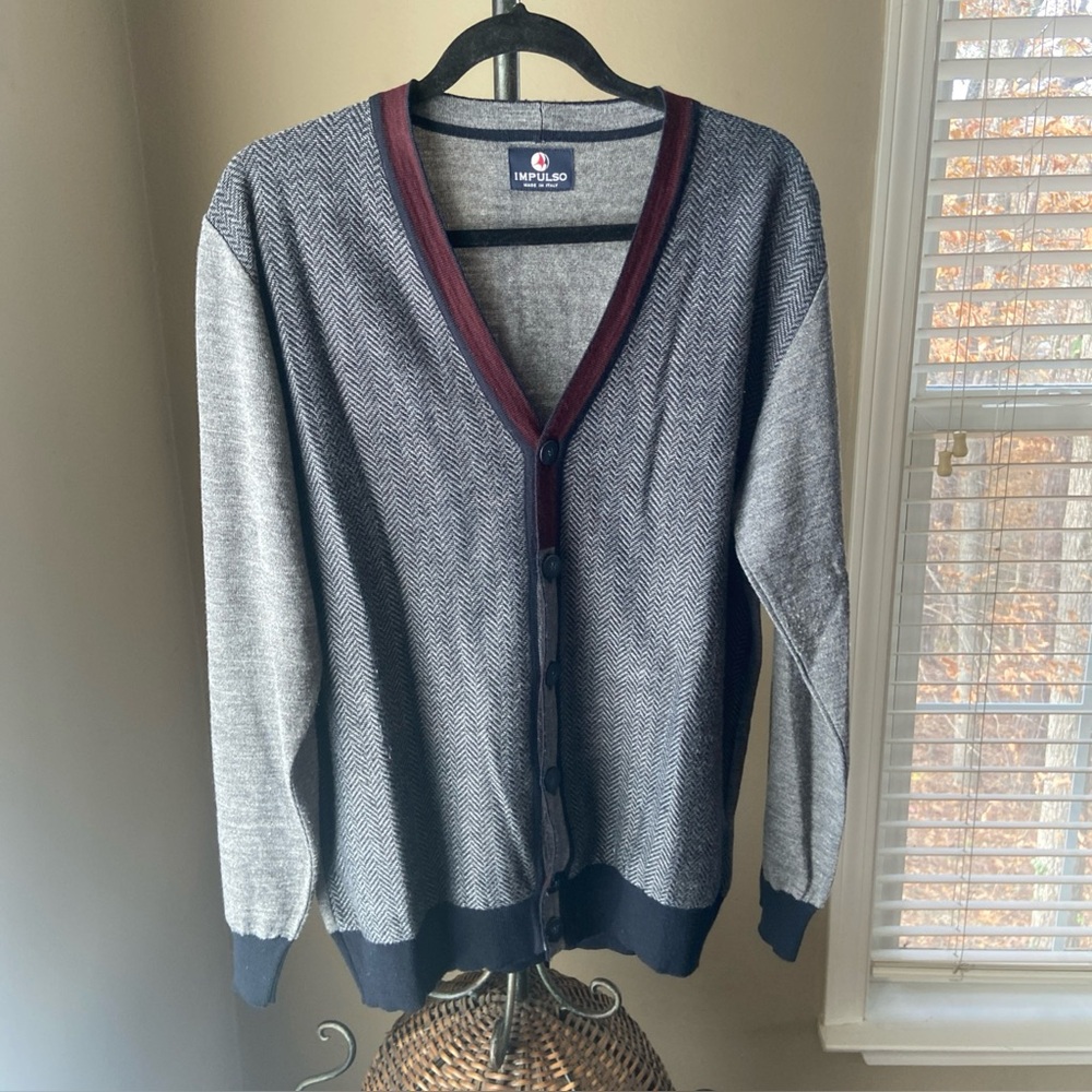 Impulso 1972 Men's L Gray Cardigan Wool & Acrylic Italy Button Down Herringbone